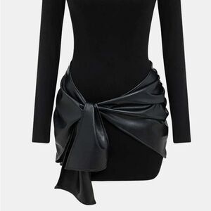 Elegant Black Long Sleeve Knit Dress w/ Faux Leather Wrap Bottom